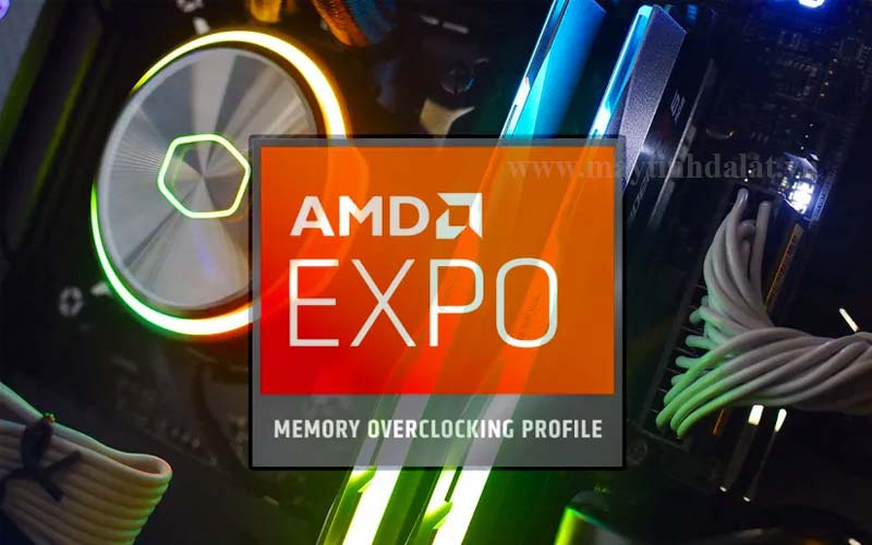 Logo AMD EXPO và thanh RAM DDR5 ép xung, minh họa công nghệ tối ưu hiệu năng bộ nhớ cho hệ thống AMD Ryzen AM5.