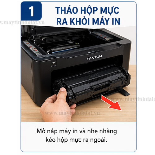 Hướng dẫn bước 1 tháo hộp mực máy in Pantum P2505/P2505W ra ngoài an toàn
