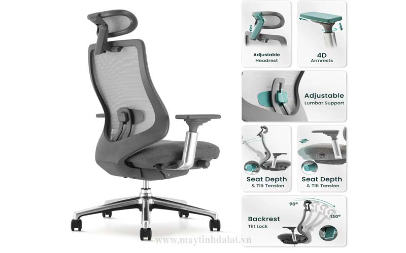 Các tính năng điều chỉnh tựa đầu, thắt lưng, kê tay của ghế công thái học