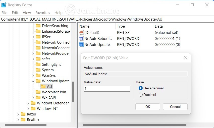 Tắt cập nhật Windows 11 bằng Registry Editor