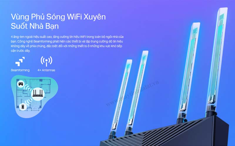 công nghệ Beamforming, Archer AX23 định hướng sóng Wi-Fi trực tiếp tới thiết bị thay vì phát tán ngẫu nhiên