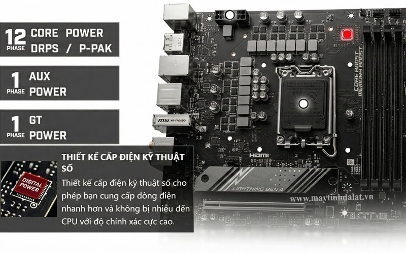 Cụm tản nhiệt VRM khổng lồ và khe cắm RAM DDR5 6800MHz trên bo mạch chủ MSI B760