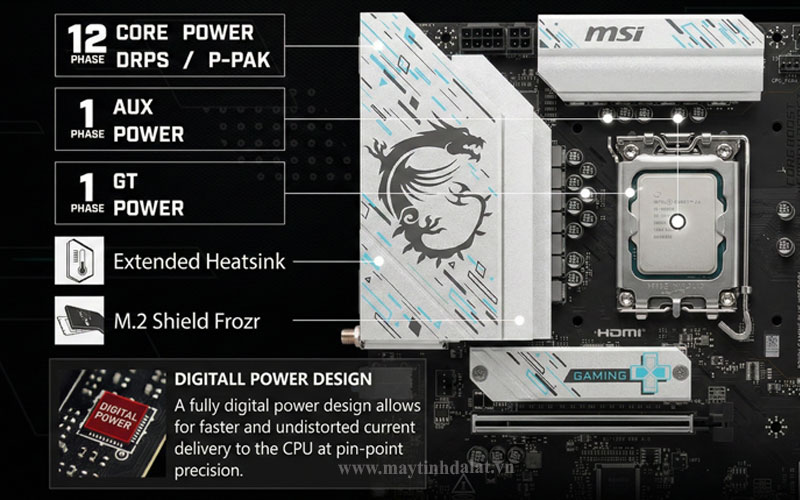 Cụm tản nhiệt Extended Heatsink khổng lồ và dàn điện 12+1+1 Phase trên bo mạch chủ MSI B760M