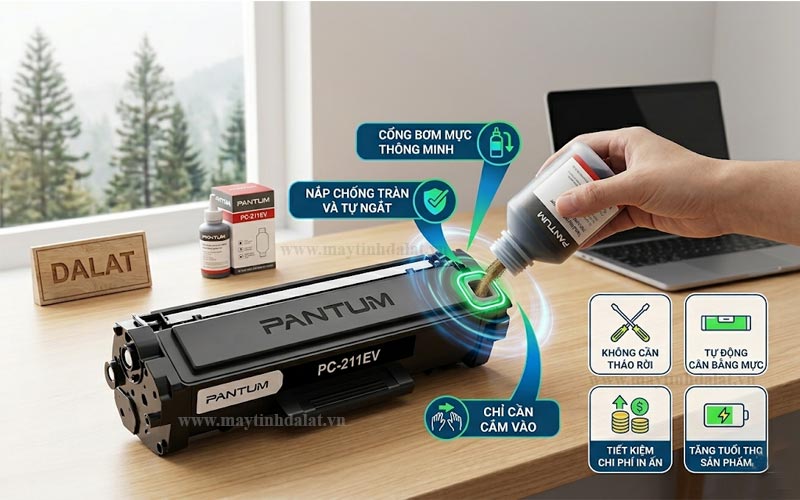 Hộp mực Pantum PC-211EV thiết kế thông minh hỗ trợ tự bơm mực dễ dàng