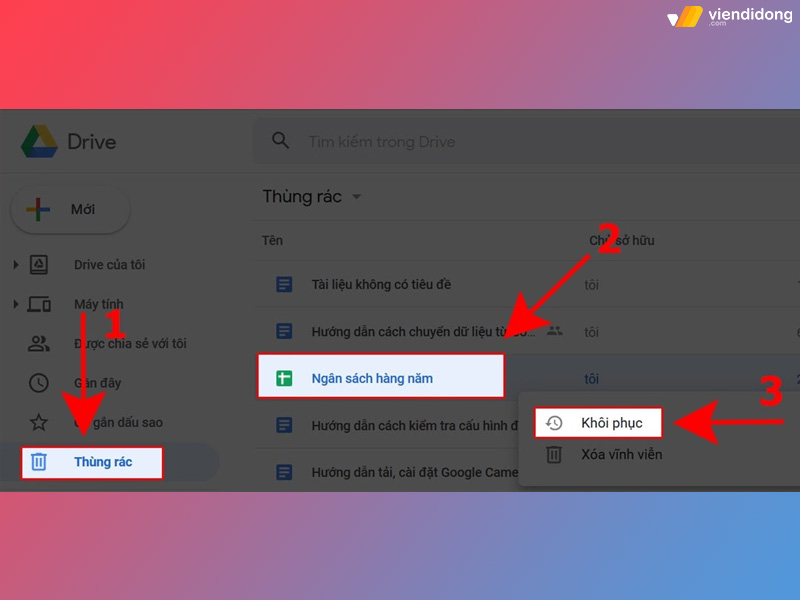 khôi phục file từ thùng rác google drive