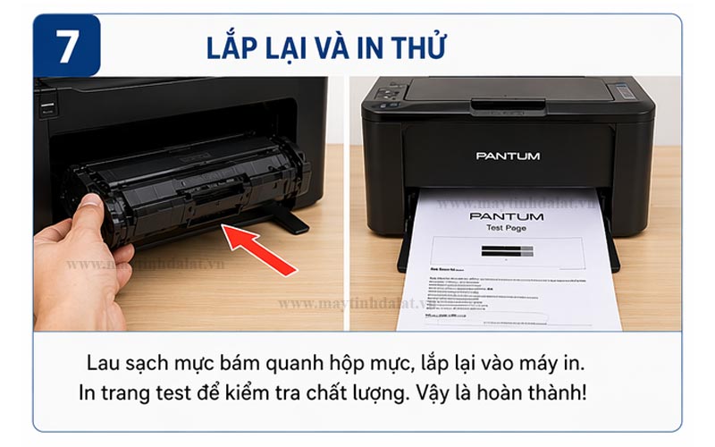vệ sinh sạch sẽ và lắp lại hộp mực vào máy in Pantum P2505W