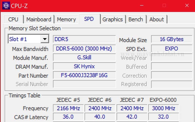 Màn hình chụp phần mềm CPU-Z hiển thị thông tin RAM DDR5 với tần số đã được ép xung thông qua AMD EXPO.
