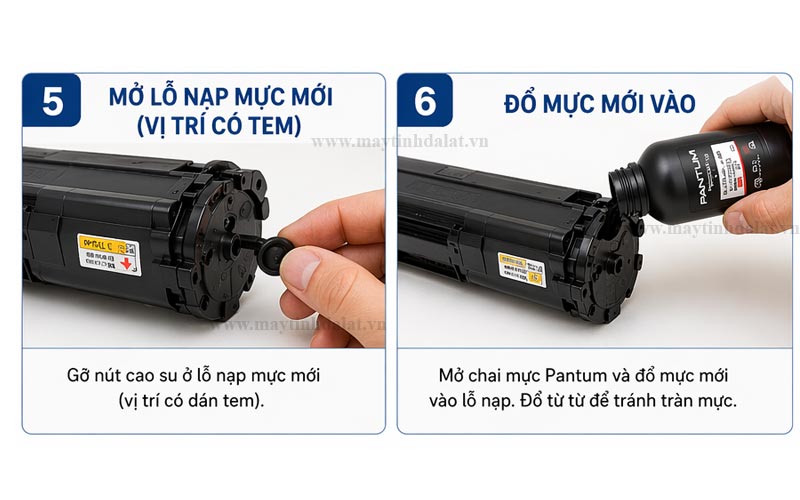 dùng phễu rót để nạp mực bột mới vào lỗ nạp to trên hộp mực Pantum
