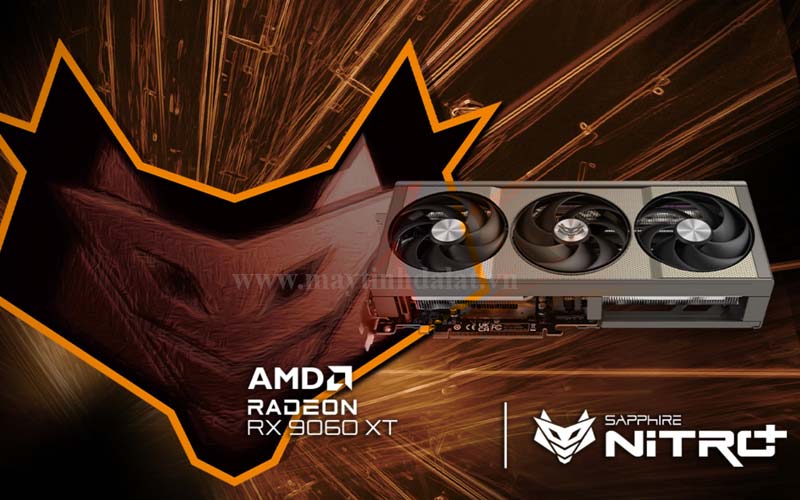 Mặt trước card Sapphire Nitro+ RX 9060 XT với hệ thống đèn RGB hiện đại