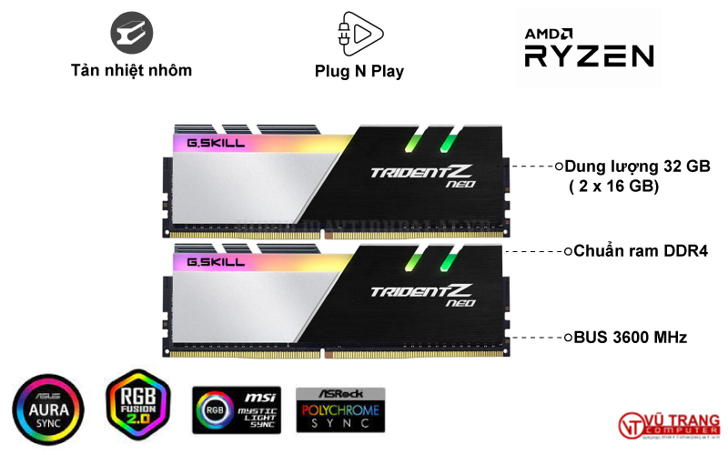 RAM GSKILL TRIDENT Z NEO RGB KIT 32GB (2X16GB) DDR4 3600MHZ FOR RYZEN