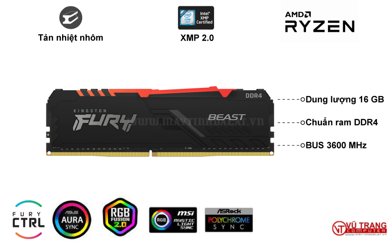 RAM KINGSTON FURY BEAST RGB 16GB (1 X 16GB) DDR4 3600MHZ (KF436C18BBA/16)