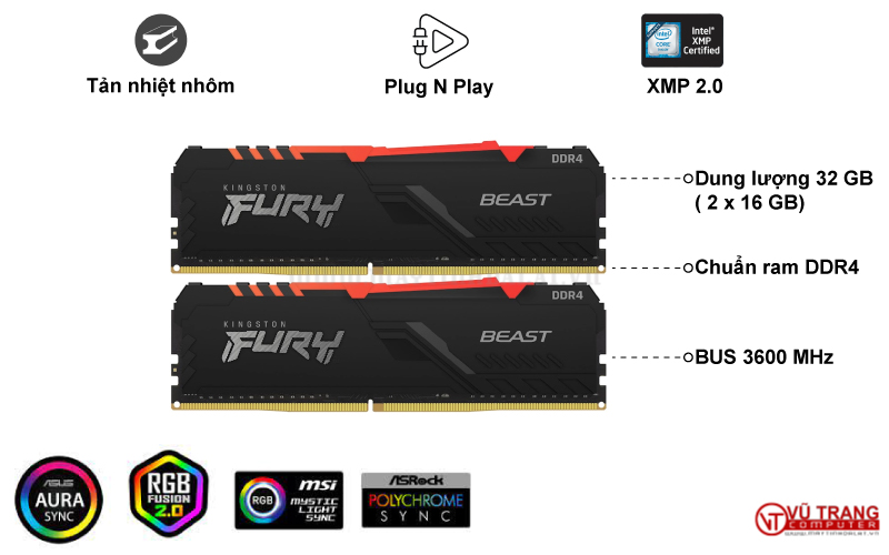 RAM KINGSTON FURY BEAST RGB KIT 32GB (2 X 16GB) DDR4 3600MHZ