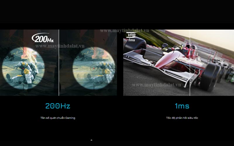 Trải nghiệm gaming mượt mà không xé hình với tần số quét 200Hz và phản hồi 1ms