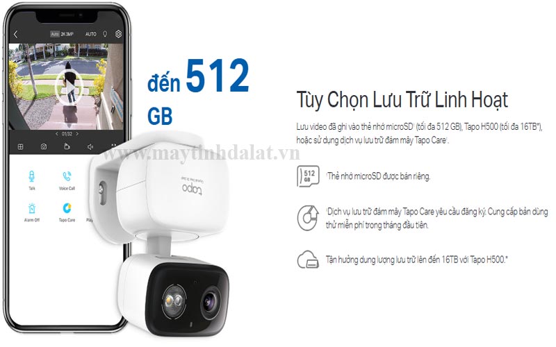 Hình ảnh minh họa các tùy chọn lưu trữ của camera Tapo C216, bao gồm thẻ nhớ microSD và đám mây