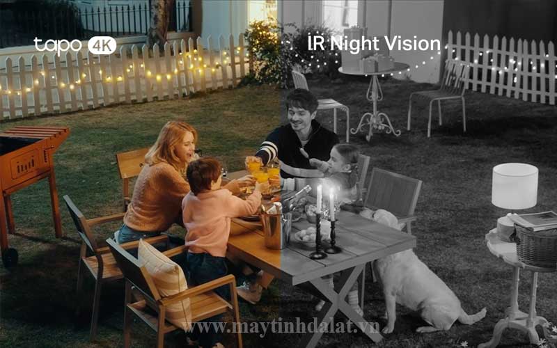 So sánh chất lượng hình ảnh ban đêm của camera Tapo C560WS, một bên đen trắng và một bên có màu