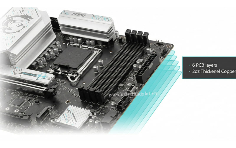 Tổng quan thiết kế bảng mạch PCB 6 lớp 2oz đồng và tản nhiệt bạc trên Mainboard MSI B760M GAMING PLUS WIFI DDR4