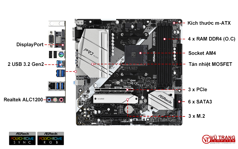 Tổng quan thiết kế bo mạch chủ ASRock B550M Pro4 với tản nhiệt nhôm khối lớn.