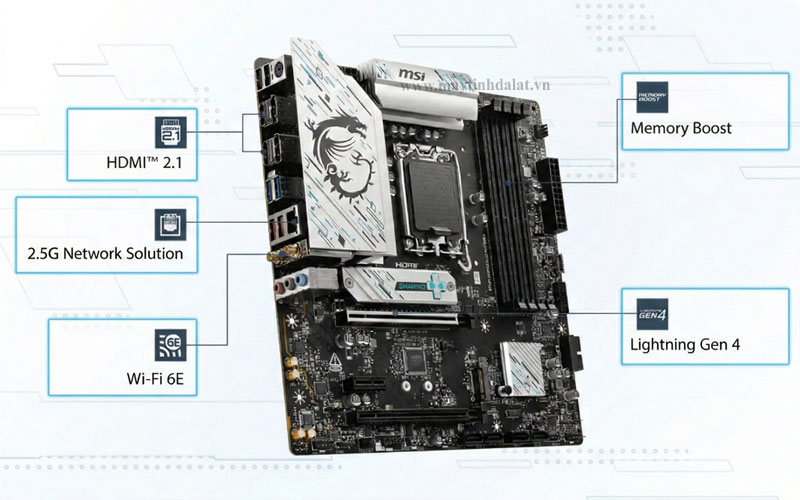 Khối tản nhiệt ổ cứng M.2 Shield Frozr và các cổng kết nối Wi-Fi 6E, LAN 2.5G trên MSI B760M